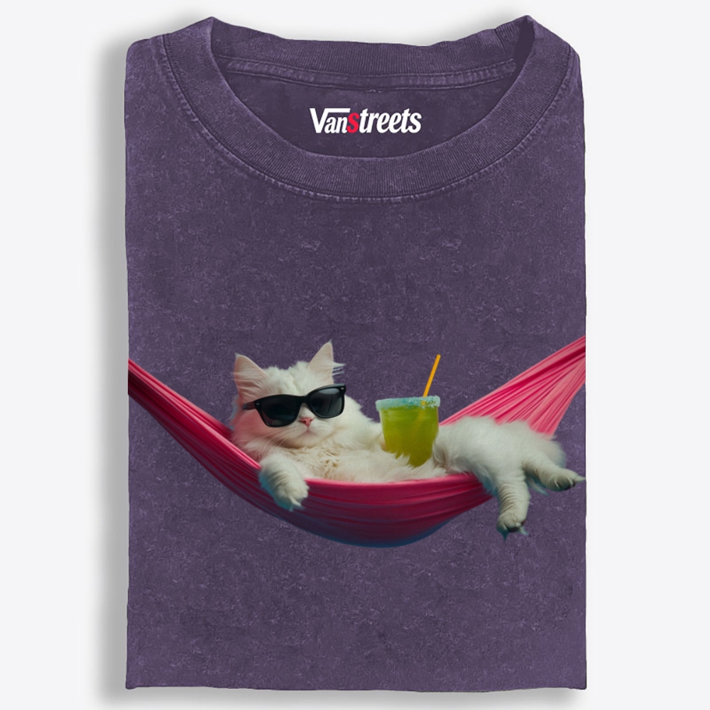 Tropical Hammock Cat Washed T-Shirt | 100% Cotton | Streetwear Essential