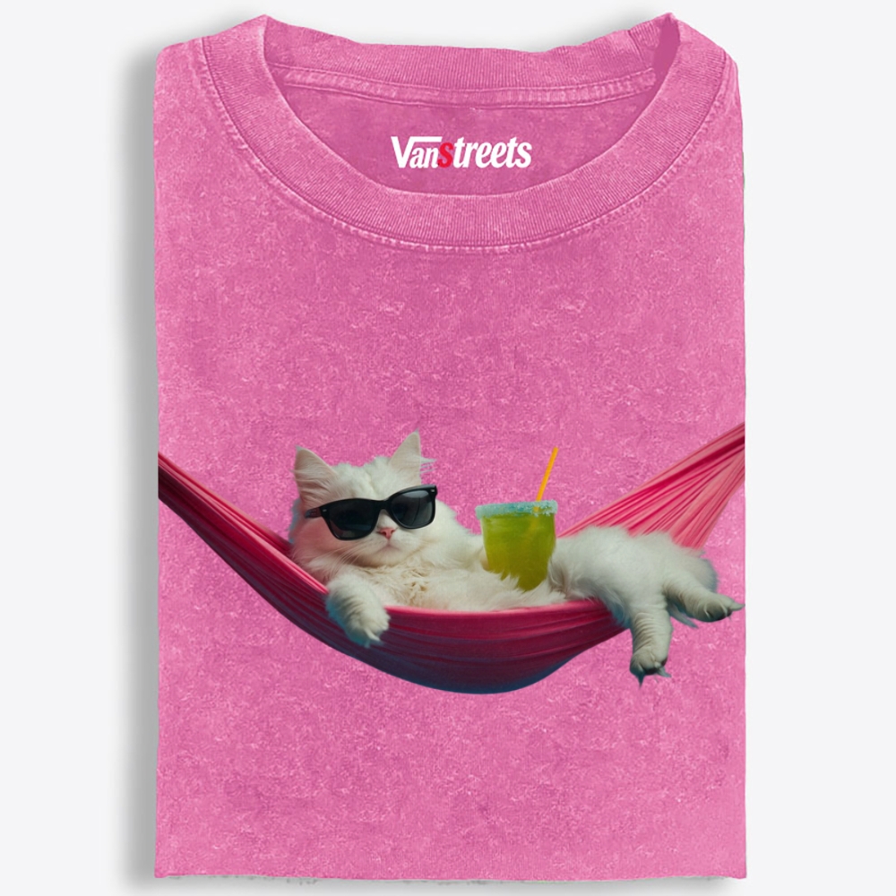 Tropical Hammock Cat Washed T-Shirt | 100% Cotton | Streetwear Essential
