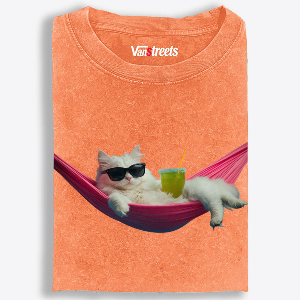 Tropical Hammock Cat Washed T-Shirt | 100% Cotton | Streetwear Essential