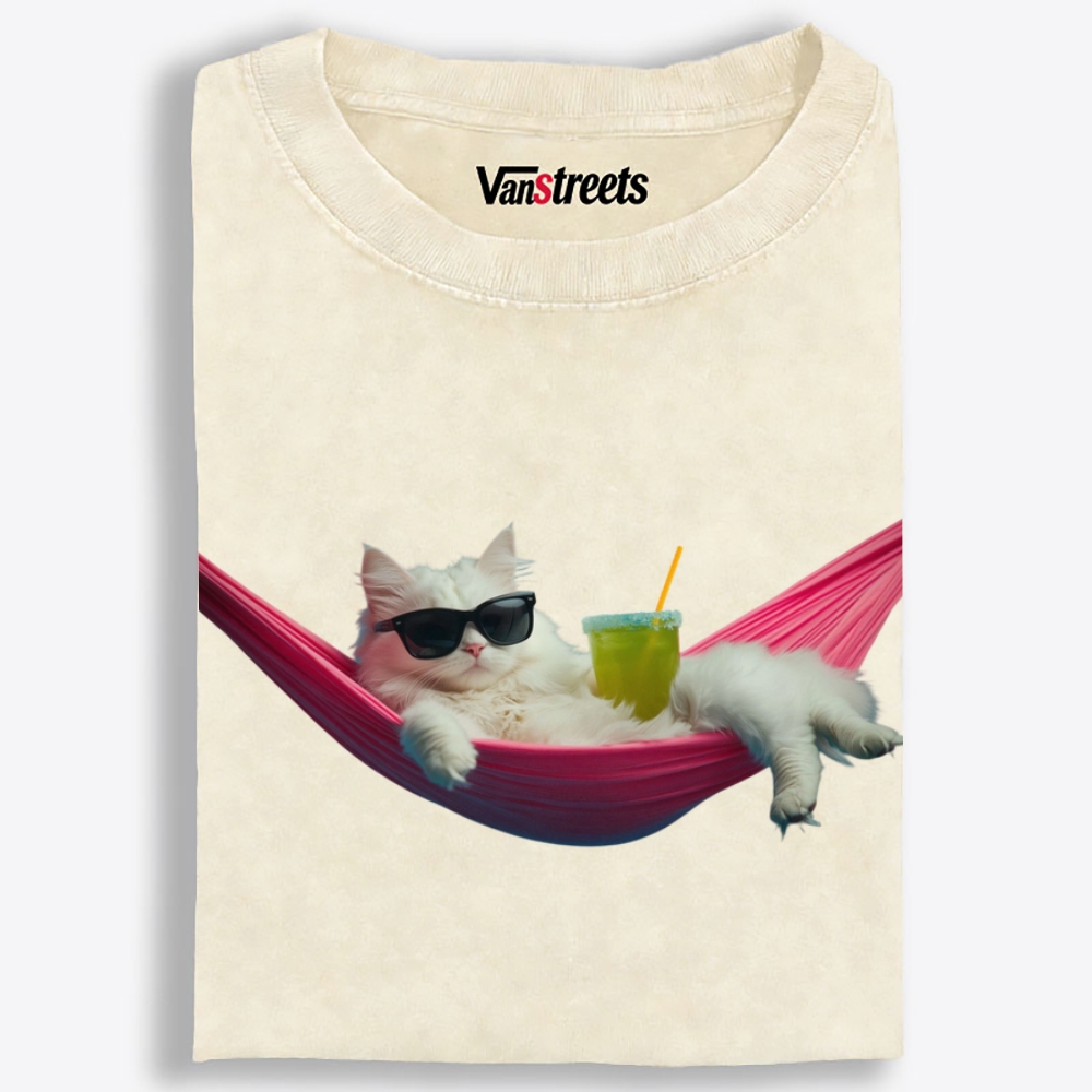 Tropical Hammock Cat Washed T-Shirt | 100% Cotton | Streetwear Essential