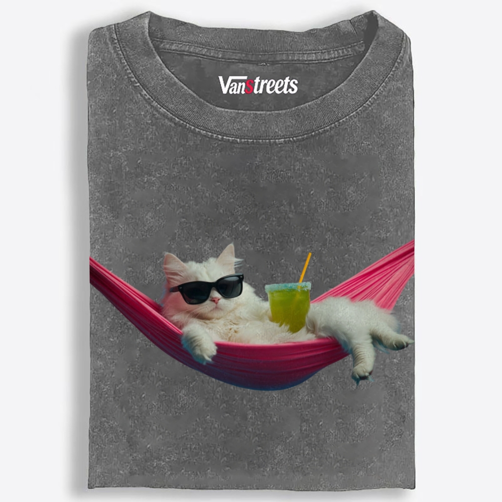 Tropical Hammock Cat Washed T-Shirt | 100% Cotton | Streetwear Essential