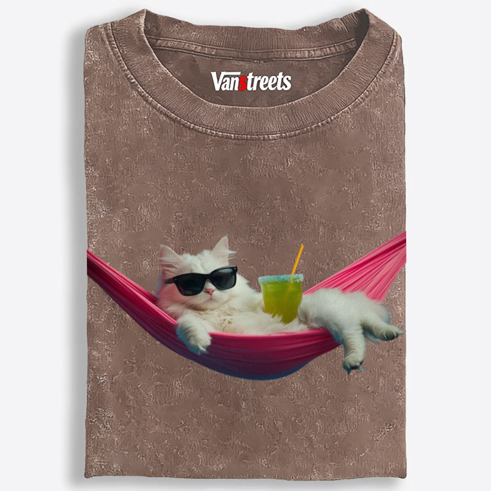 Tropical Hammock Cat Washed T-Shirt | 100% Cotton | Streetwear Essential