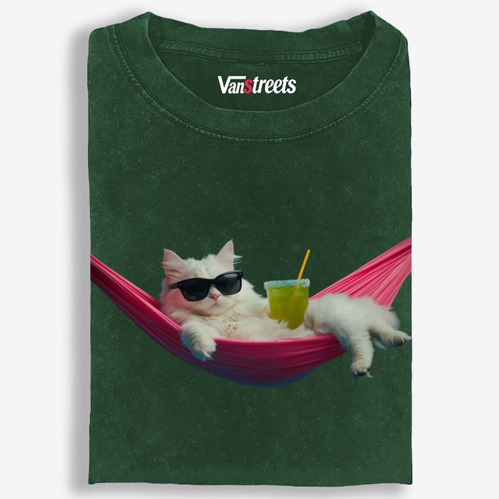 Tropical Hammock Cat Washed T-Shirt | 100% Cotton | Streetwear Essential
