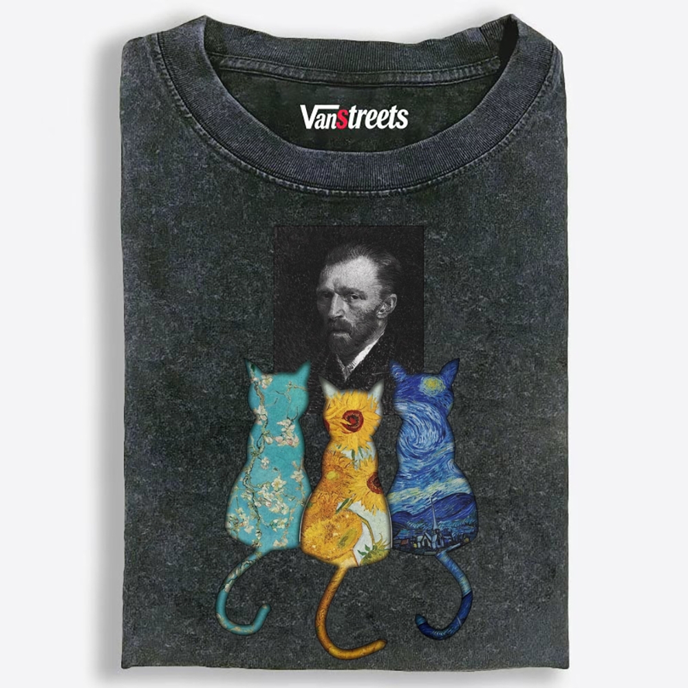 Van Gogh Masterpiece Cats Silhouette Washed T-Shirt | 100% Cotton | Streetwear Essential