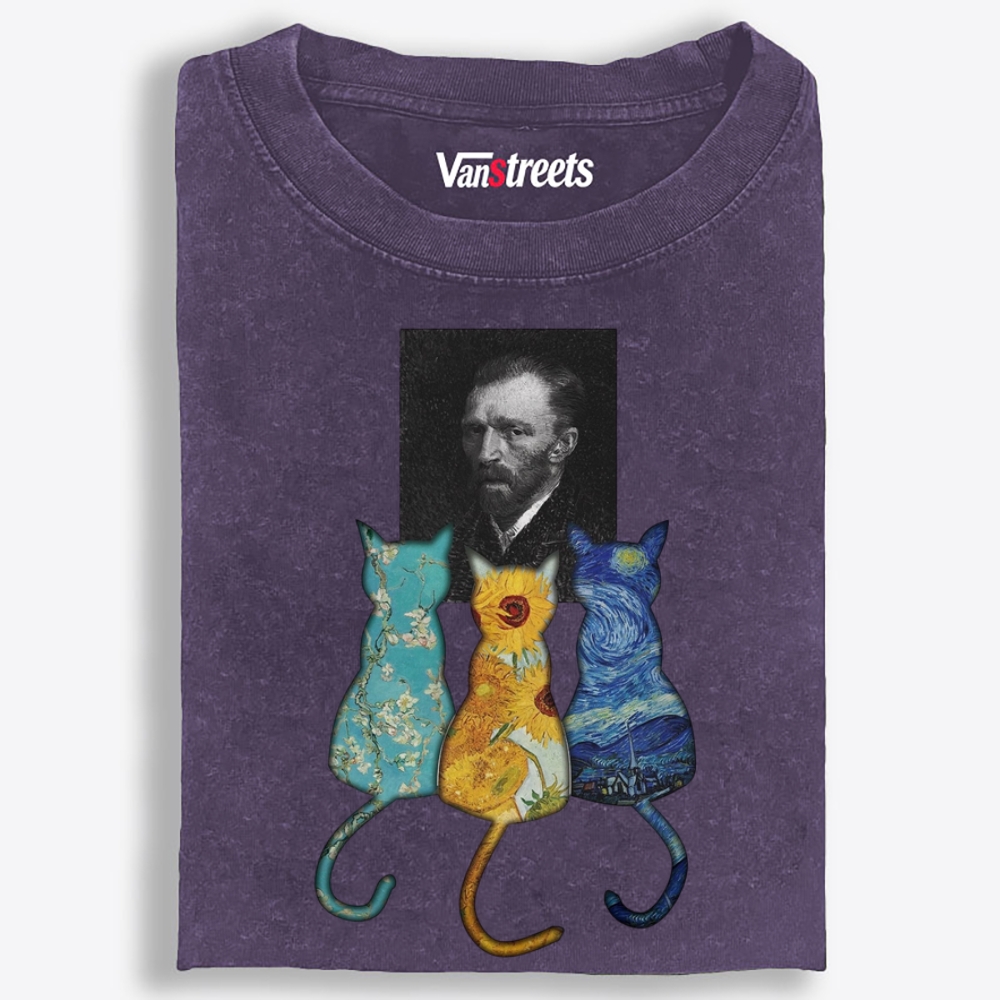 Van Gogh Masterpiece Cats Silhouette Washed T-Shirt | 100% Cotton | Streetwear Essential