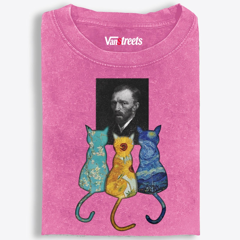 Van Gogh Masterpiece Cats Silhouette Washed T-Shirt | 100% Cotton | Streetwear Essential
