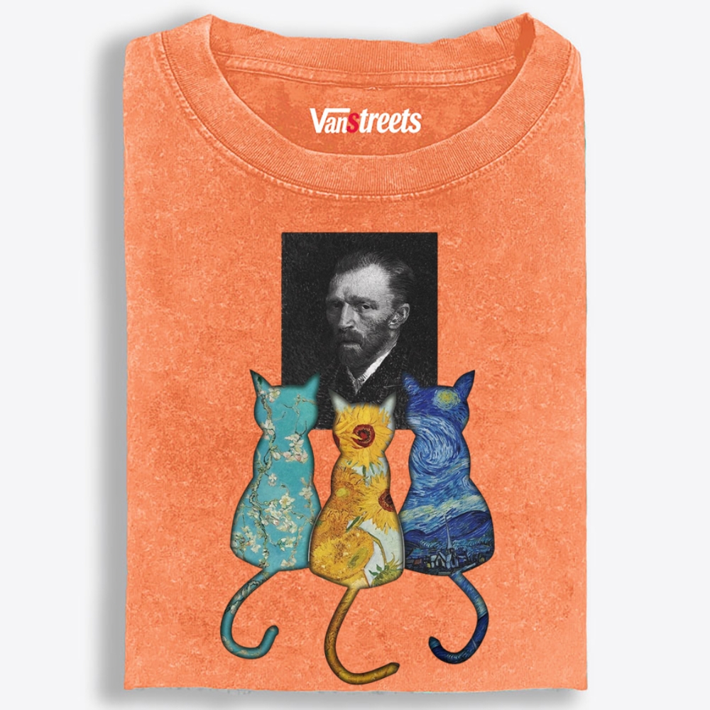 Van Gogh Masterpiece Cats Silhouette Washed T-Shirt | 100% Cotton | Streetwear Essential