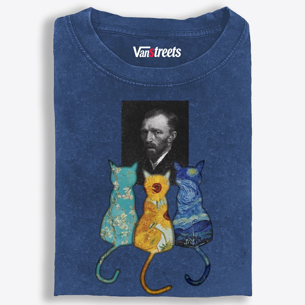 Van Gogh Masterpiece Cats Silhouette Washed T-Shirt | 100% Cotton | Streetwear Essential