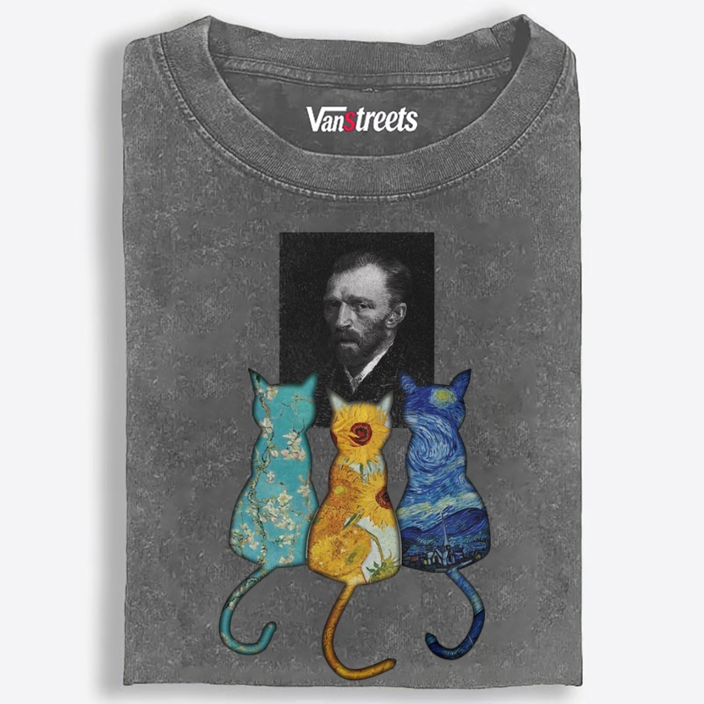 Van Gogh Masterpiece Cats Silhouette Washed T-Shirt | 100% Cotton | Streetwear Essential