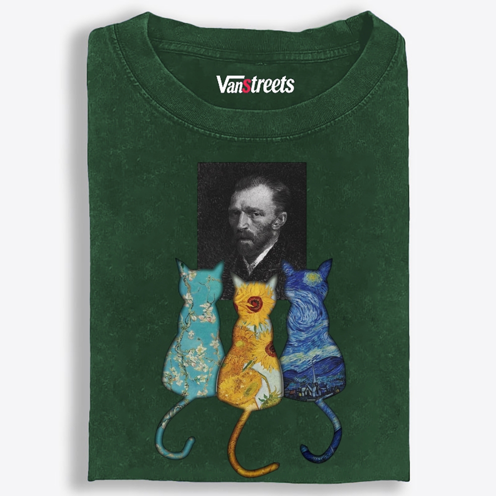 Van Gogh Masterpiece Cats Silhouette Washed T-Shirt | 100% Cotton | Streetwear Essential