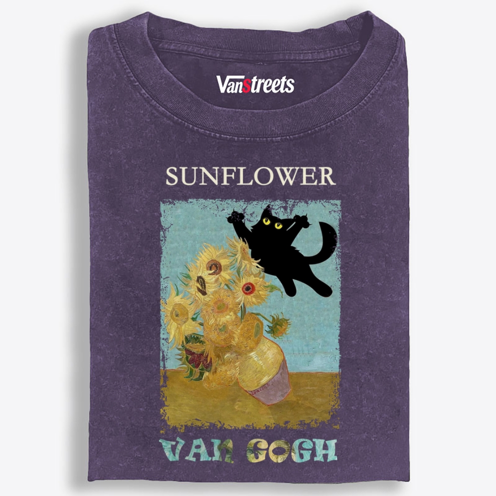 Van Gogh Sunflowers Black Cat Playing Retro Washed T-Shirt | 100% Cotton | Streetwear Essential