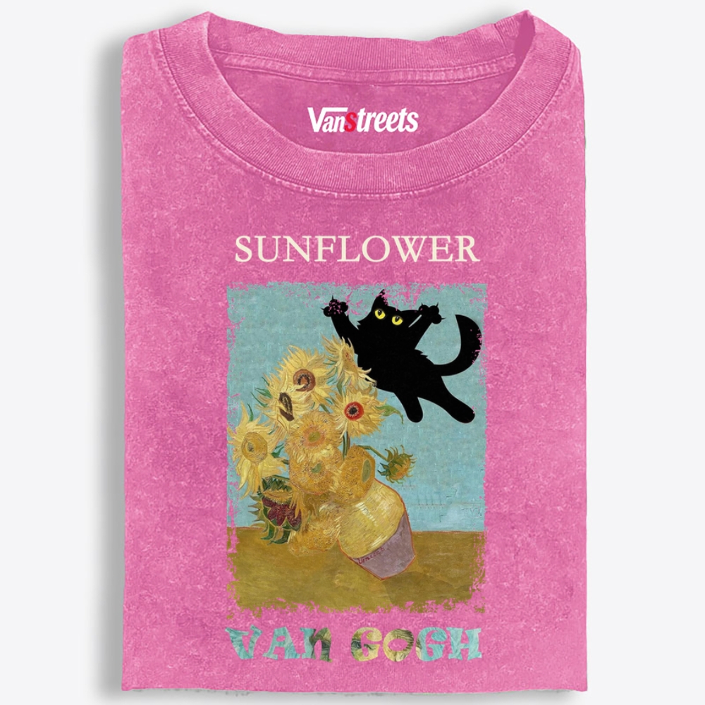 Van Gogh Sunflowers Black Cat Playing Retro Washed T-Shirt | 100% Cotton | Streetwear Essential