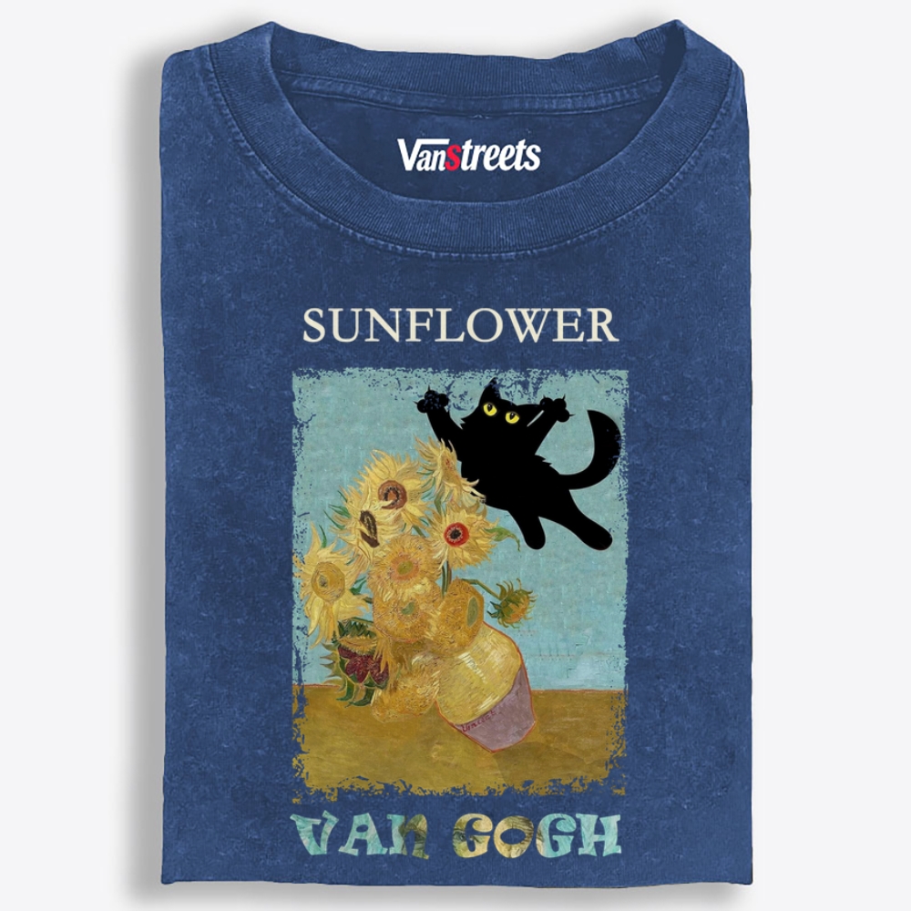 Van Gogh Sunflowers Black Cat Playing Retro Washed T-Shirt | 100% Cotton | Streetwear Essential