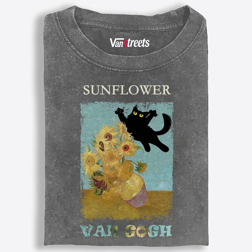 Van Gogh Sunflowers Black Cat Playing Retro Washed T-Shirt | 100% Cotton | Streetwear Essential