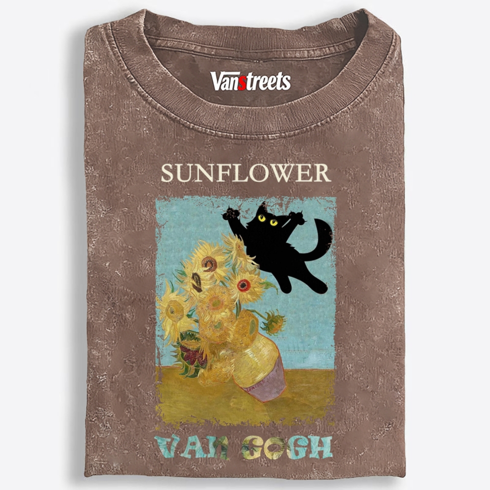 Van Gogh Sunflowers Black Cat Playing Retro Washed T-Shirt | 100% Cotton | Streetwear Essential