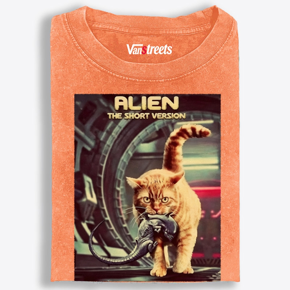 Orange Cat vs. Alien Retro Washed T-Shirt | 100% Cotton | Streetwear Essential
