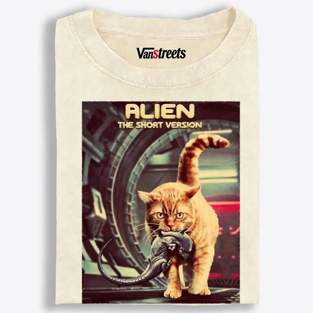 Orange Cat vs. Alien Retro Washed T-Shirt | 100% Cotton | Streetwear Essential