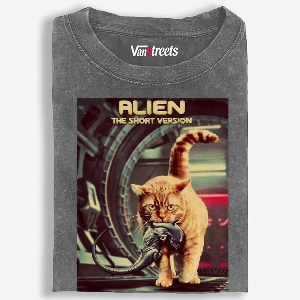 Orange Cat vs. Alien Retro Washed T-Shirt | 100% Cotton | Streetwear Essential