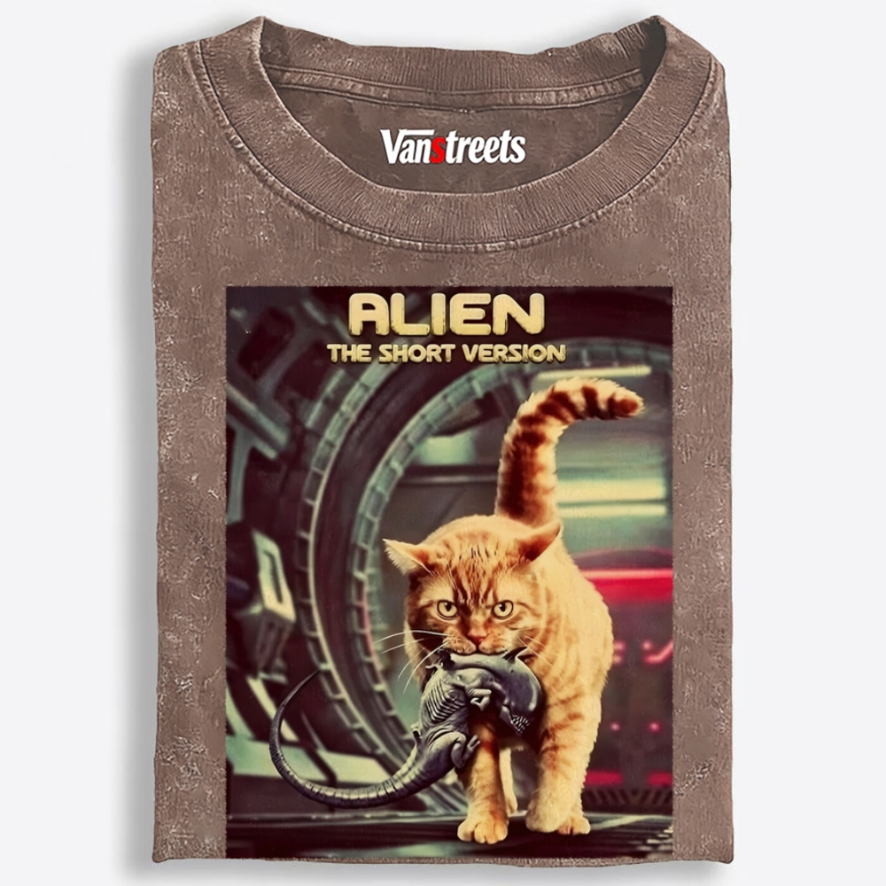 Orange Cat vs. Alien Retro Washed T-Shirt | 100% Cotton | Streetwear Essential