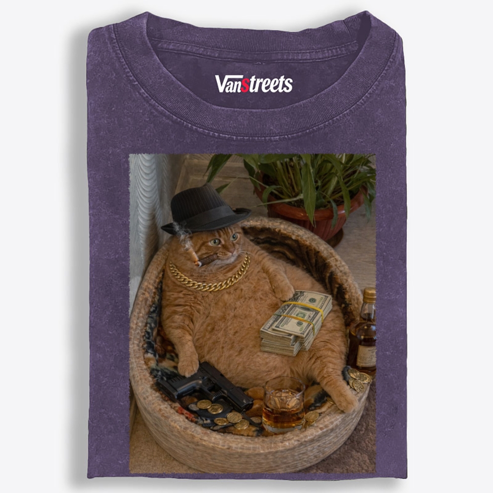 Gangster Orange Cat with Money Washed T-Shirt | 100% Cotton | Streetwear Essential