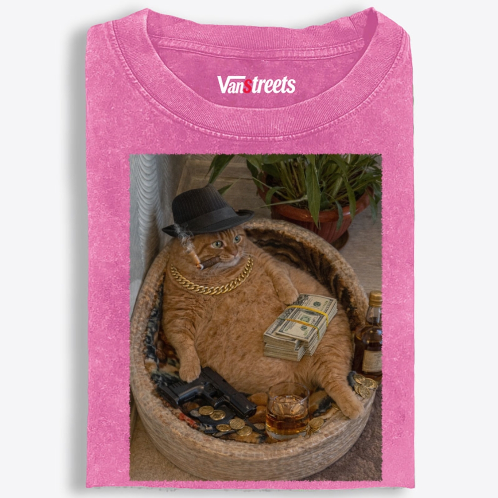 Gangster Orange Cat with Money Washed T-Shirt | 100% Cotton | Streetwear Essential