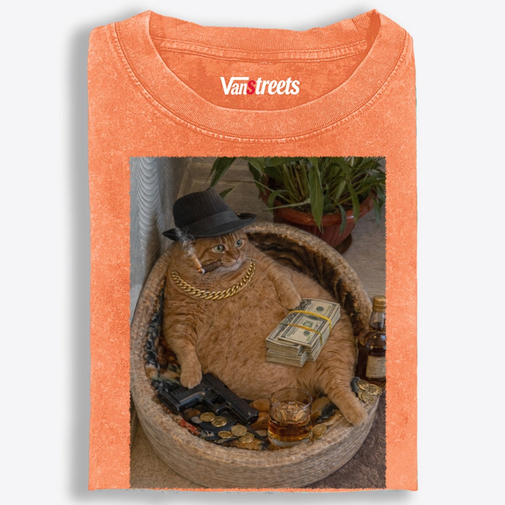 Gangster Orange Cat with Money Washed T-Shirt | 100% Cotton | Streetwear Essential