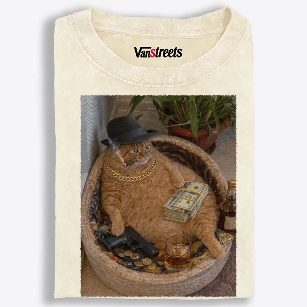 Gangster Orange Cat with Money Washed T-Shirt | 100% Cotton | Streetwear Essential