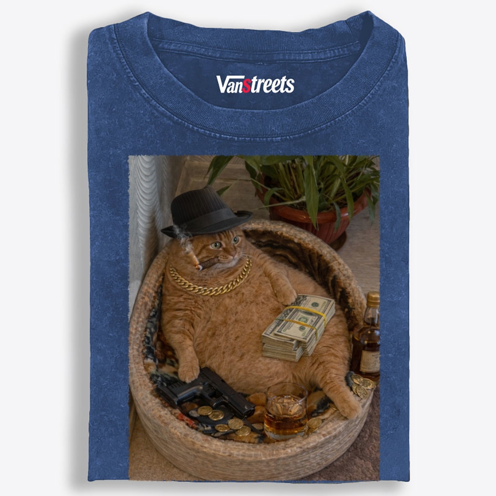 Gangster Orange Cat with Money Washed T-Shirt | 100% Cotton | Streetwear Essential