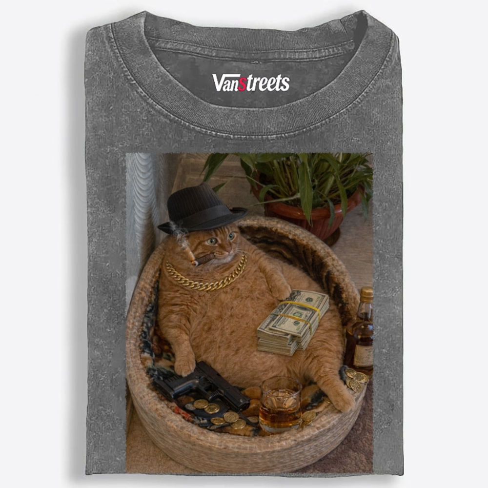 Gangster Orange Cat with Money Washed T-Shirt | 100% Cotton | Streetwear Essential