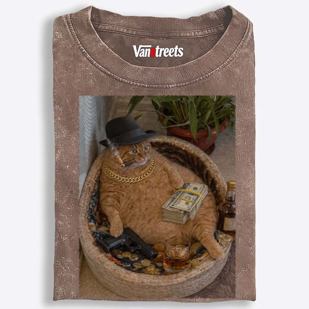 Gangster Orange Cat with Money Washed T-Shirt | 100% Cotton | Streetwear Essential