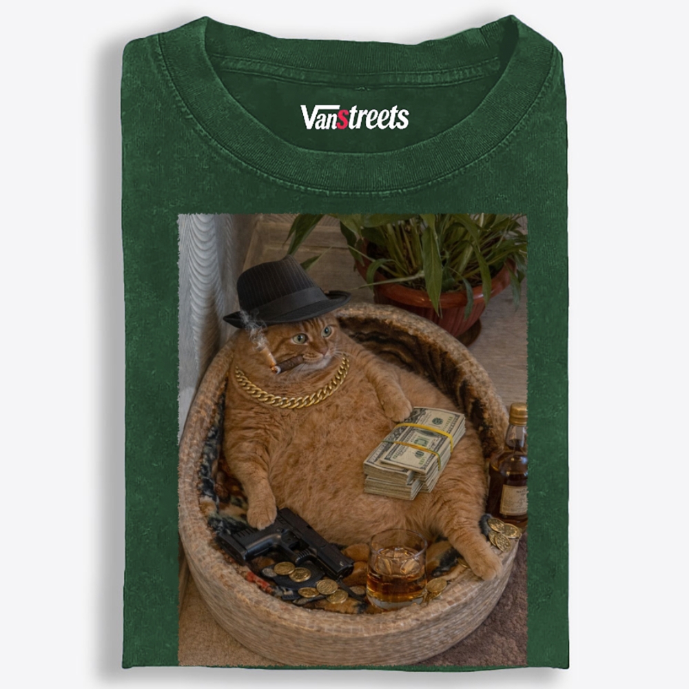 Gangster Orange Cat with Money Washed T-Shirt | 100% Cotton | Streetwear Essential