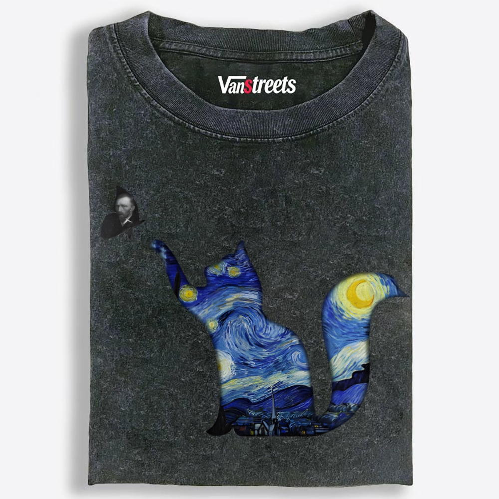 Whimsical Van Gogh Cat Washed T-Shirt | 100% Cotton | Streetwear Essential