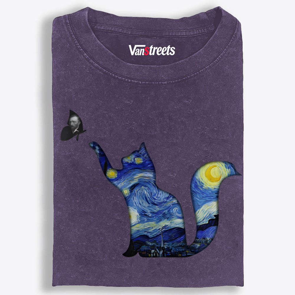 Whimsical Van Gogh Cat Washed T-Shirt | 100% Cotton | Streetwear Essential