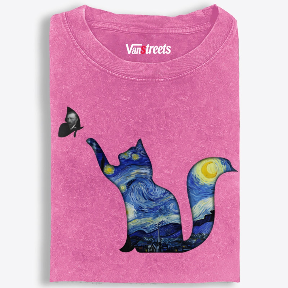 Whimsical Van Gogh Cat Washed T-Shirt | 100% Cotton | Streetwear Essential
