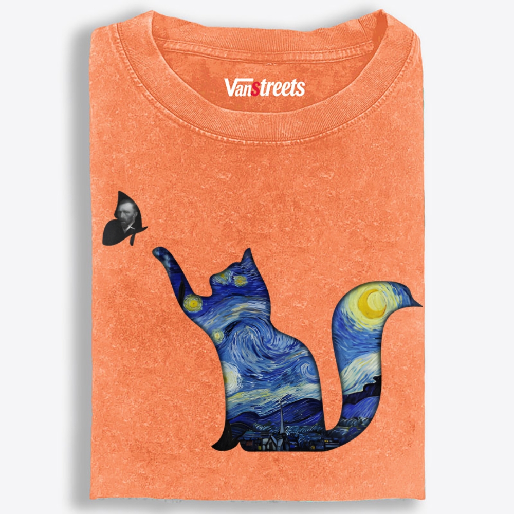 Whimsical Van Gogh Cat Washed T-Shirt | 100% Cotton | Streetwear Essential