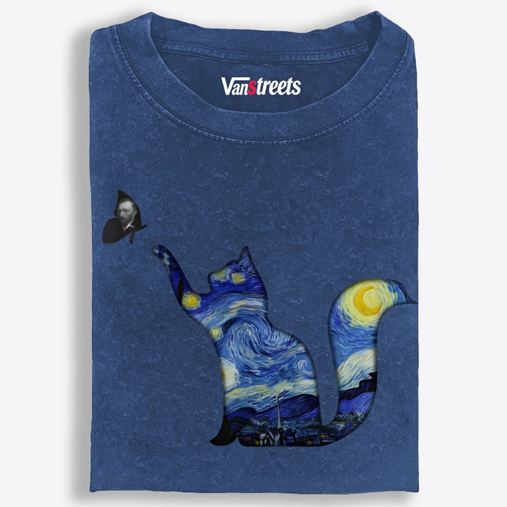 Whimsical Van Gogh Cat Washed T-Shirt | 100% Cotton | Streetwear Essential