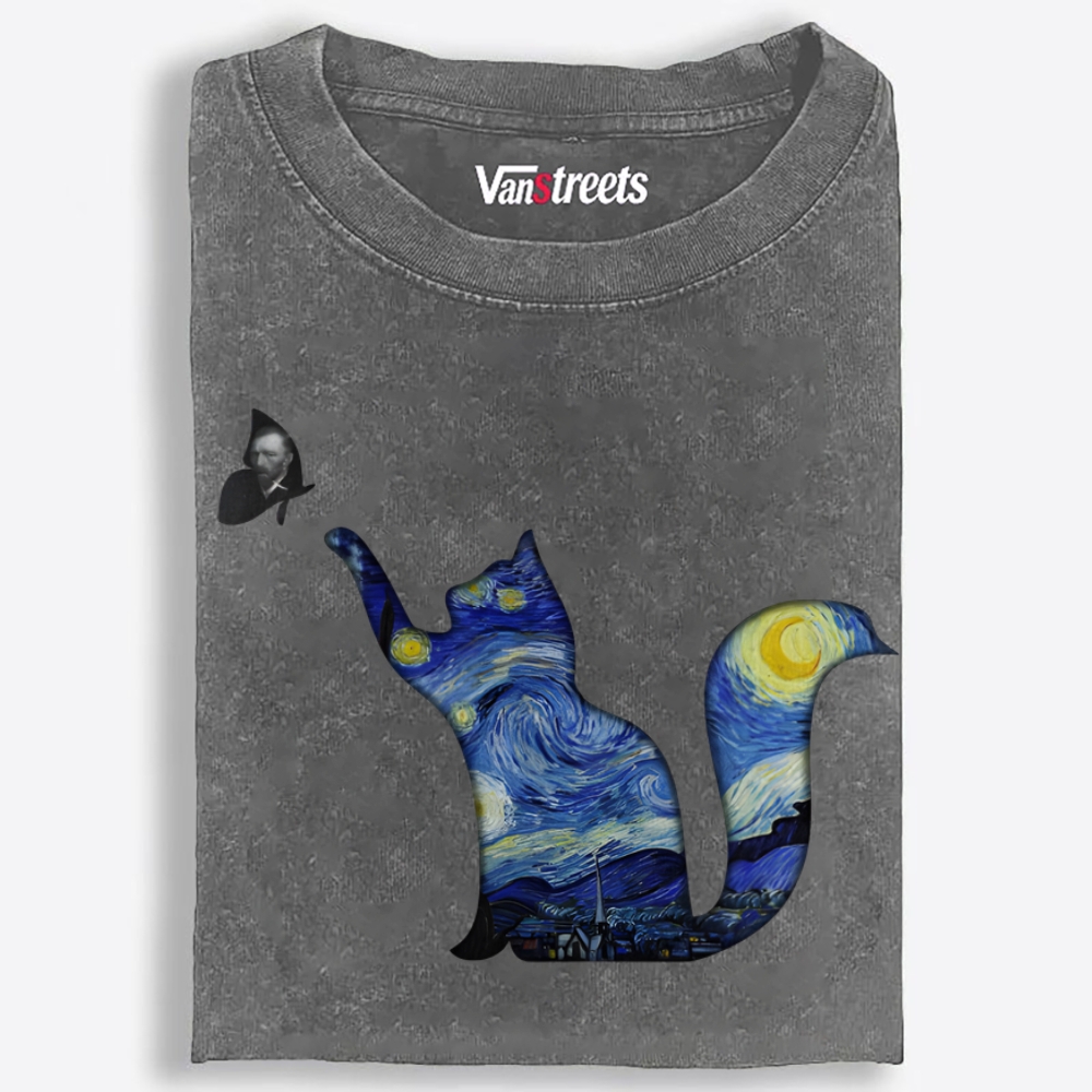 Whimsical Van Gogh Cat Washed T-Shirt | 100% Cotton | Streetwear Essential
