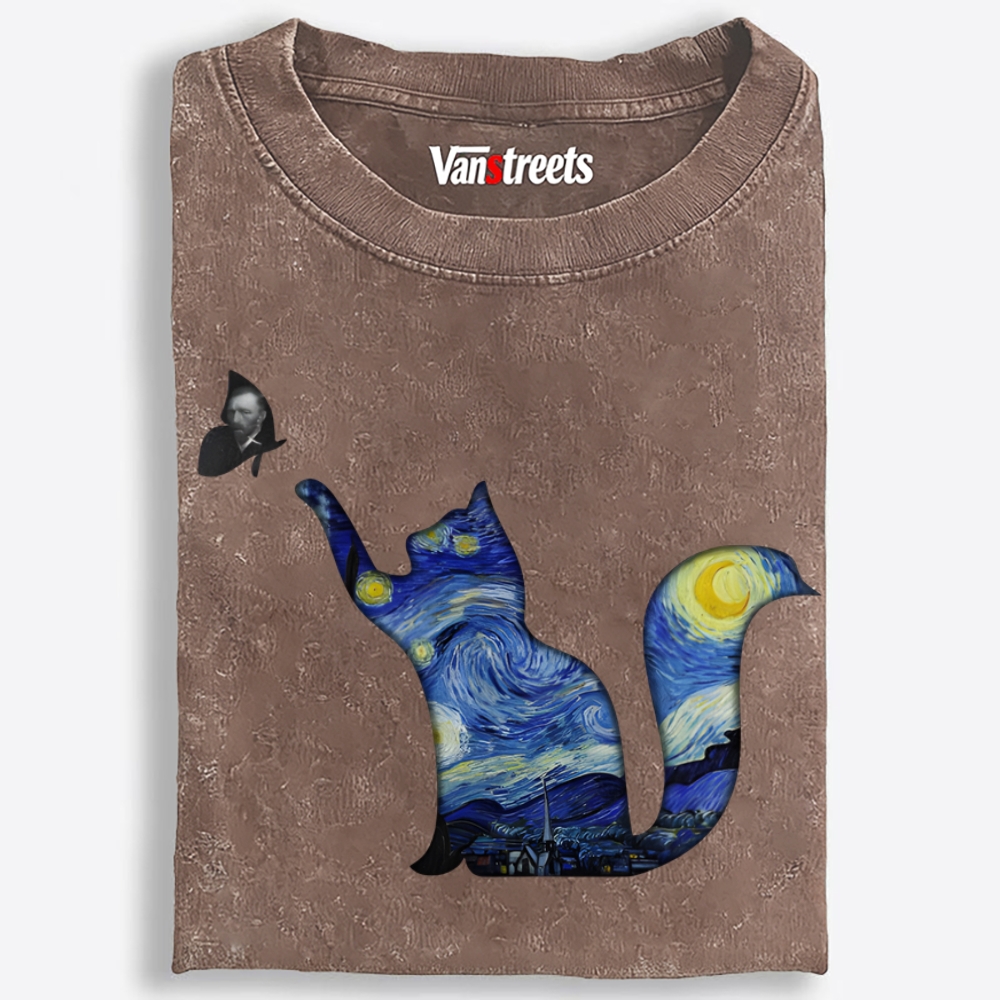 Whimsical Van Gogh Cat Washed T-Shirt | 100% Cotton | Streetwear Essential