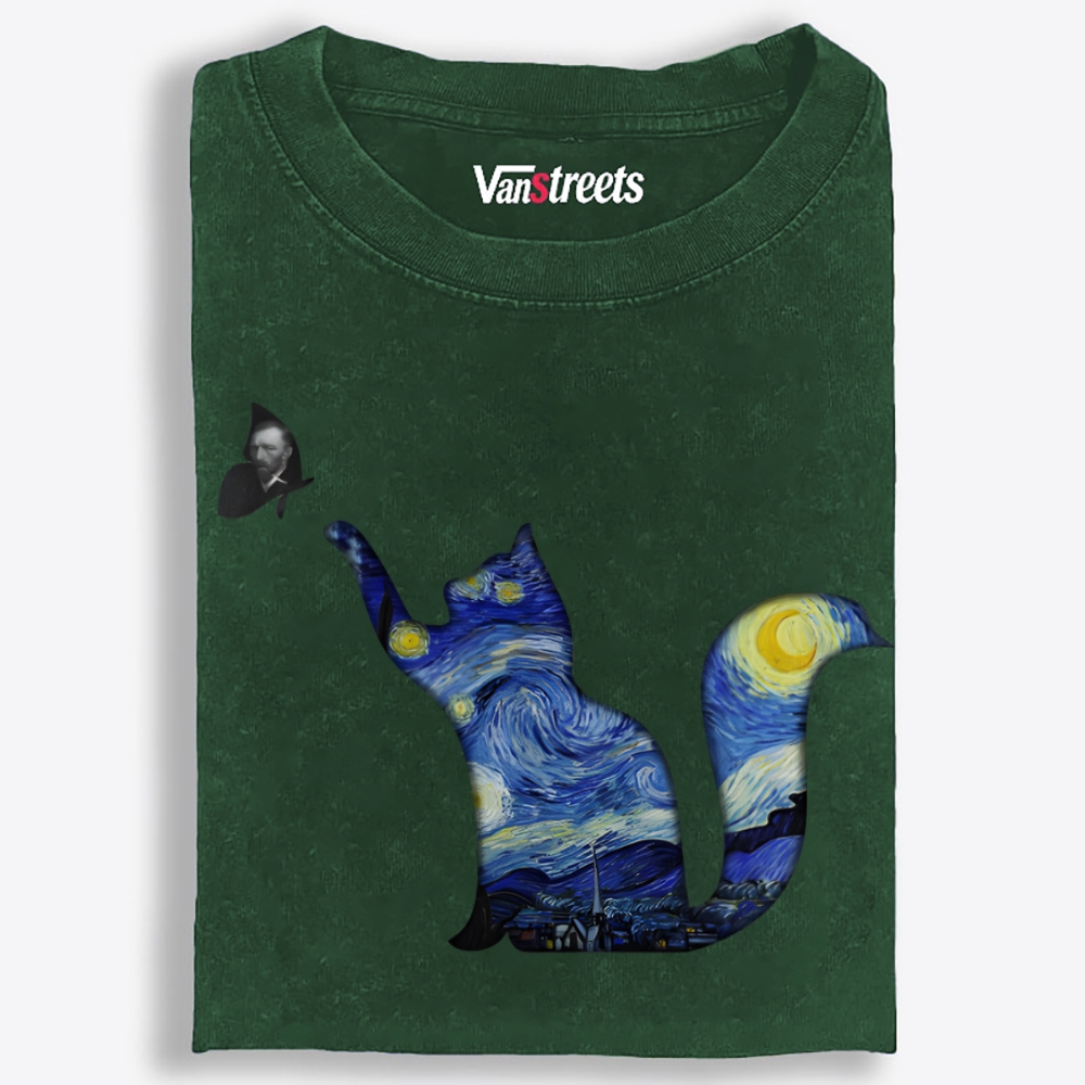 Whimsical Van Gogh Cat Washed T-Shirt | 100% Cotton | Streetwear Essential