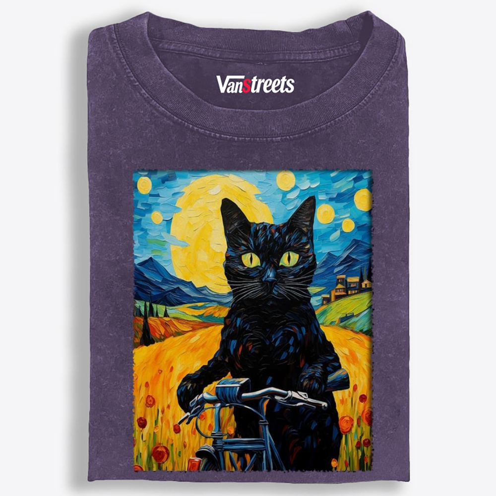 Starry Night Black Cat on Bicycle Washed T-Shirt | 100% Cotton | Streetwear Essential