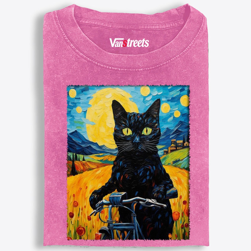 Starry Night Black Cat on Bicycle Washed T-Shirt | 100% Cotton | Streetwear Essential