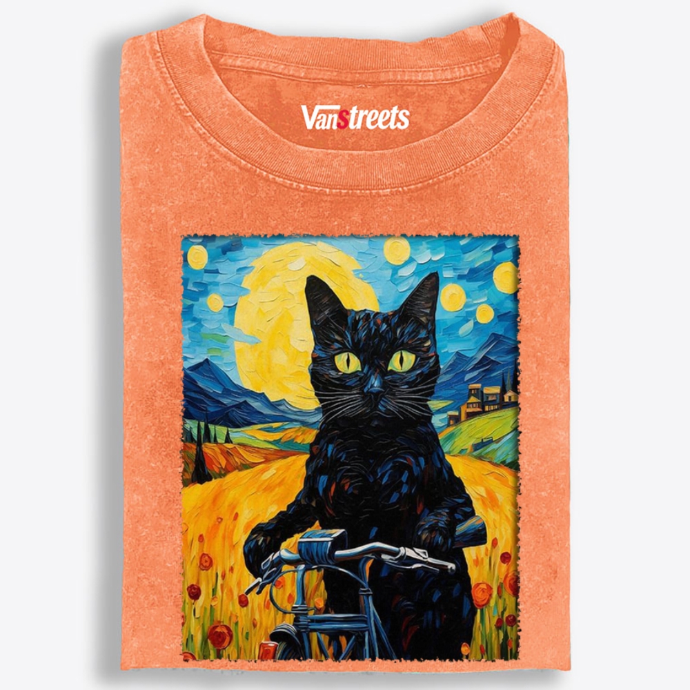 Starry Night Black Cat on Bicycle Washed T-Shirt | 100% Cotton | Streetwear Essential