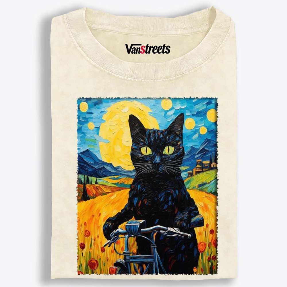 Starry Night Black Cat on Bicycle Washed T-Shirt | 100% Cotton | Streetwear Essential
