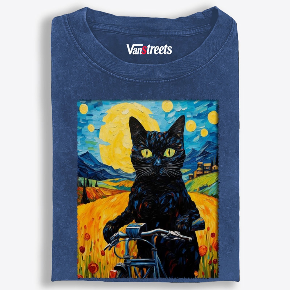 Starry Night Black Cat on Bicycle Washed T-Shirt | 100% Cotton | Streetwear Essential