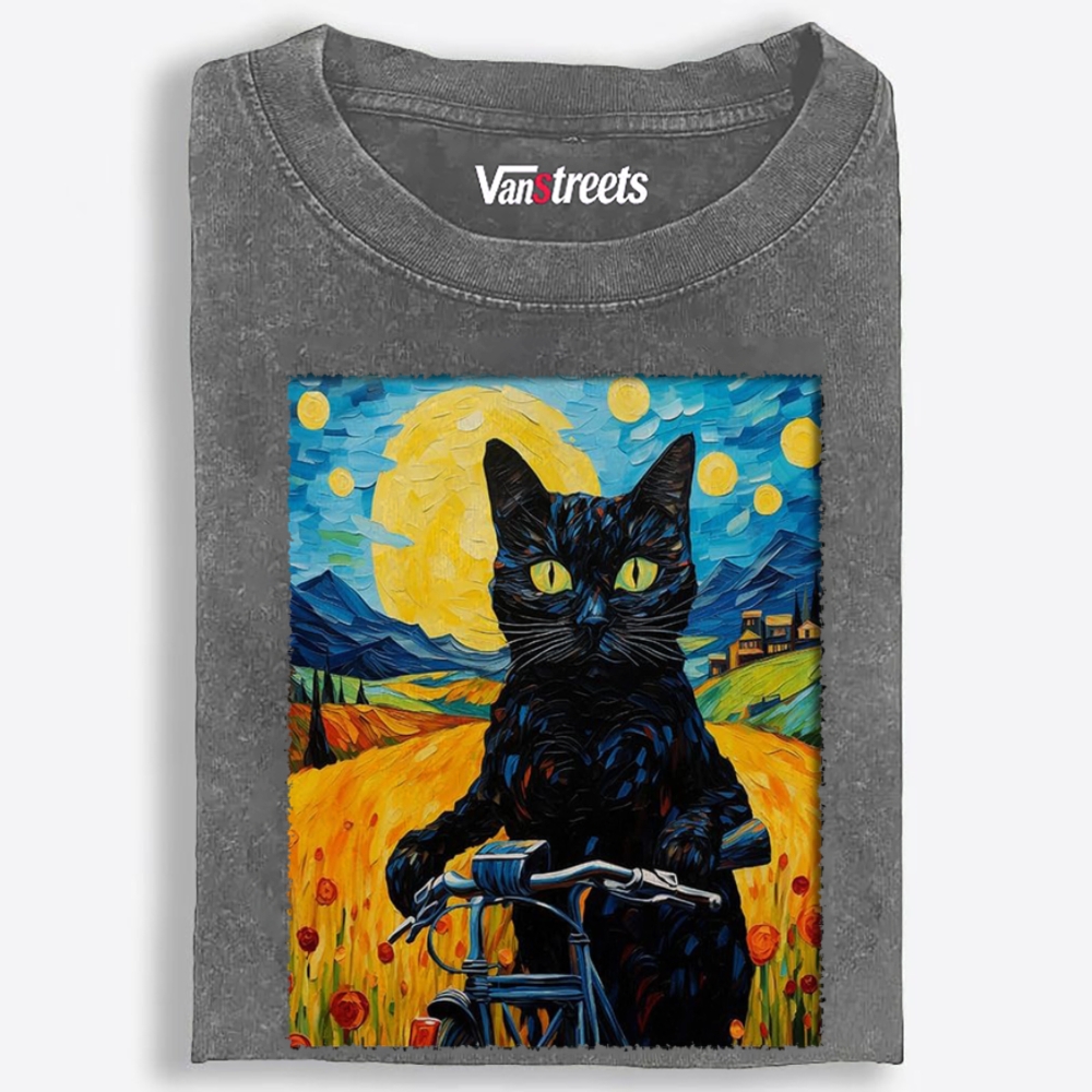 Starry Night Black Cat on Bicycle Washed T-Shirt | 100% Cotton | Streetwear Essential