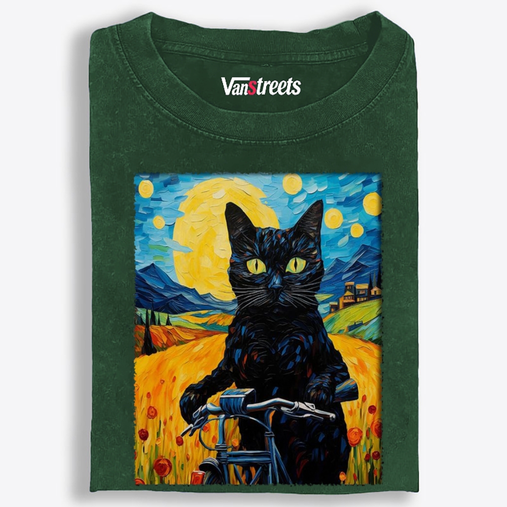 Starry Night Black Cat on Bicycle Washed T-Shirt | 100% Cotton | Streetwear Essential