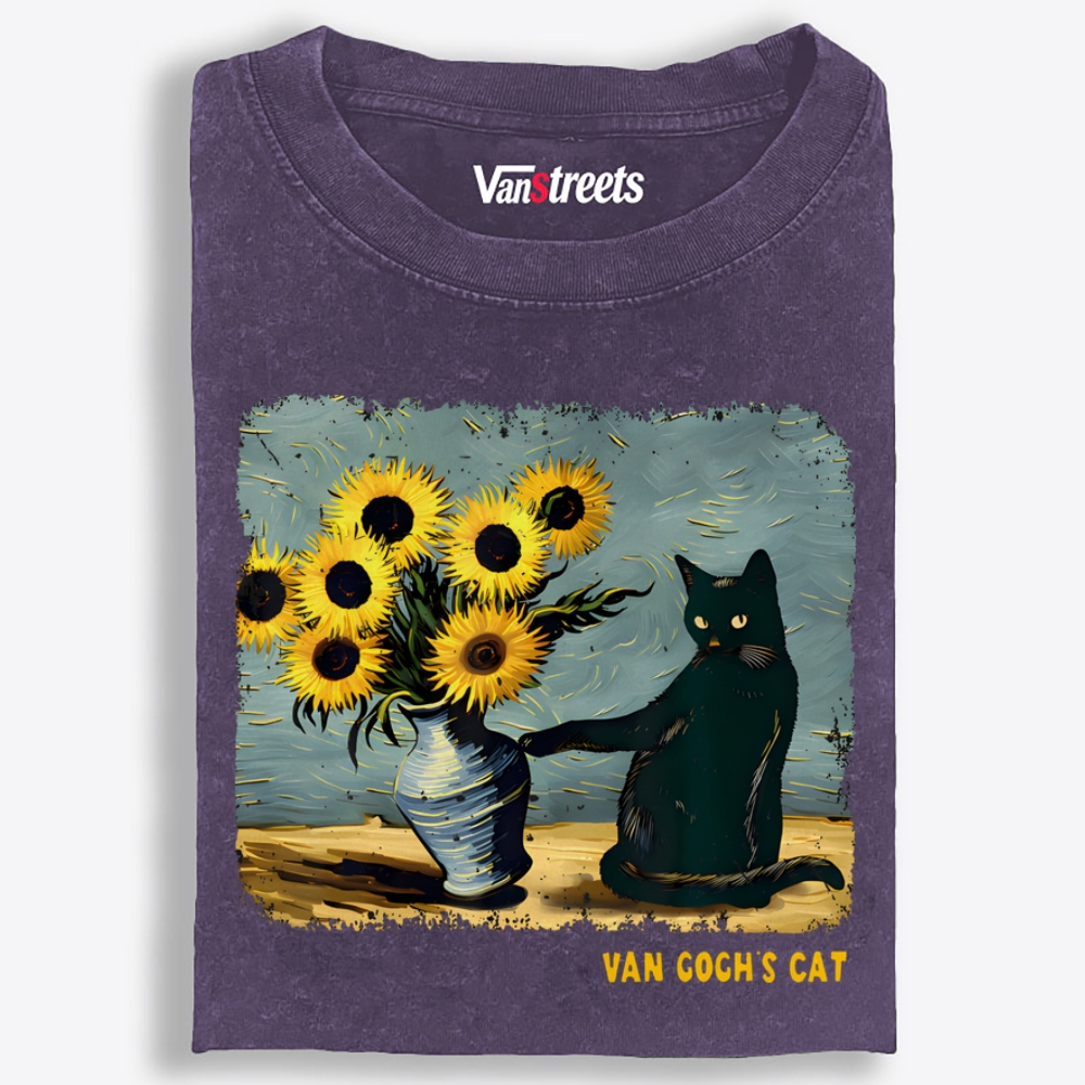 Curious Black Cat Touching Sunflowers Washed T-Shirt | 100% Cotton | Streetwear Essential