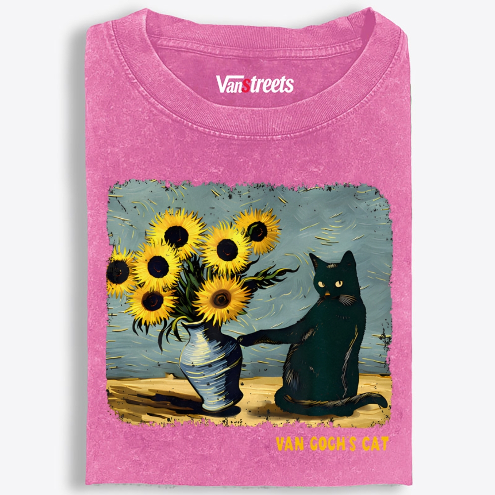 Curious Black Cat Touching Sunflowers Washed T-Shirt | 100% Cotton | Streetwear Essential