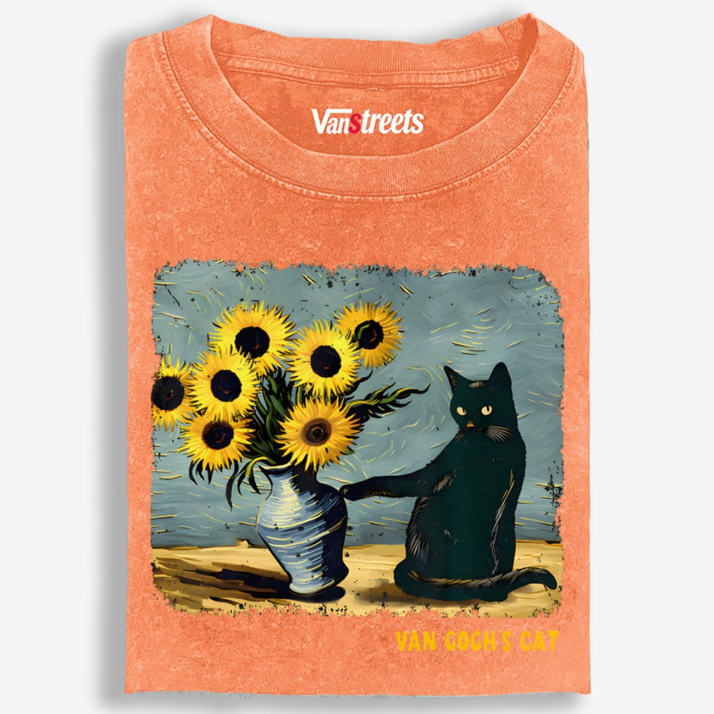Curious Black Cat Touching Sunflowers Washed T-Shirt | 100% Cotton | Streetwear Essential