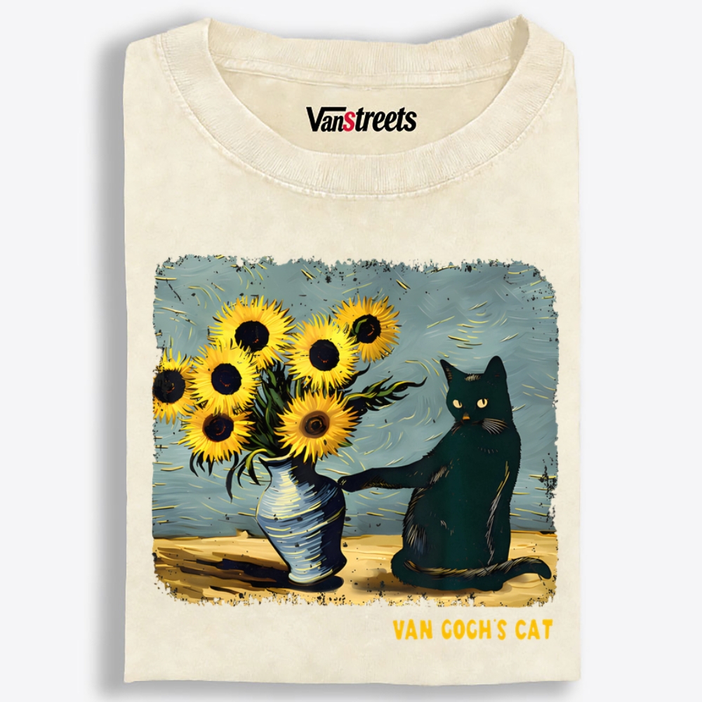 Curious Black Cat Touching Sunflowers Washed T-Shirt | 100% Cotton | Streetwear Essential